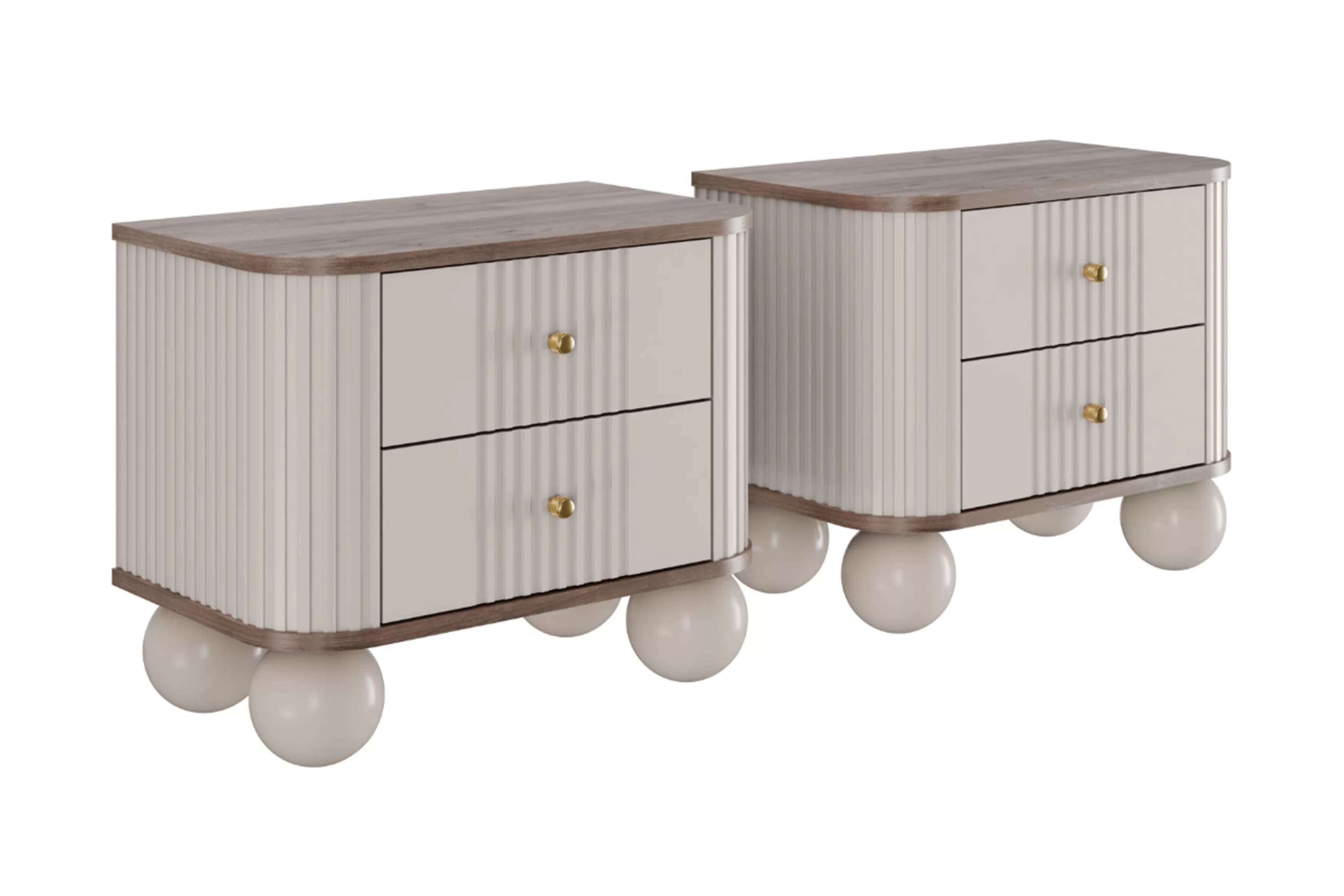 Nočné stolíky Vespera 56 cm - 2 ks - kašmírová / orech / zlatá / kašmírové nohy Komplet szafek nocnych Vesper 56 cm - kašmír / Orech / zlote úchyty / nožičky kule