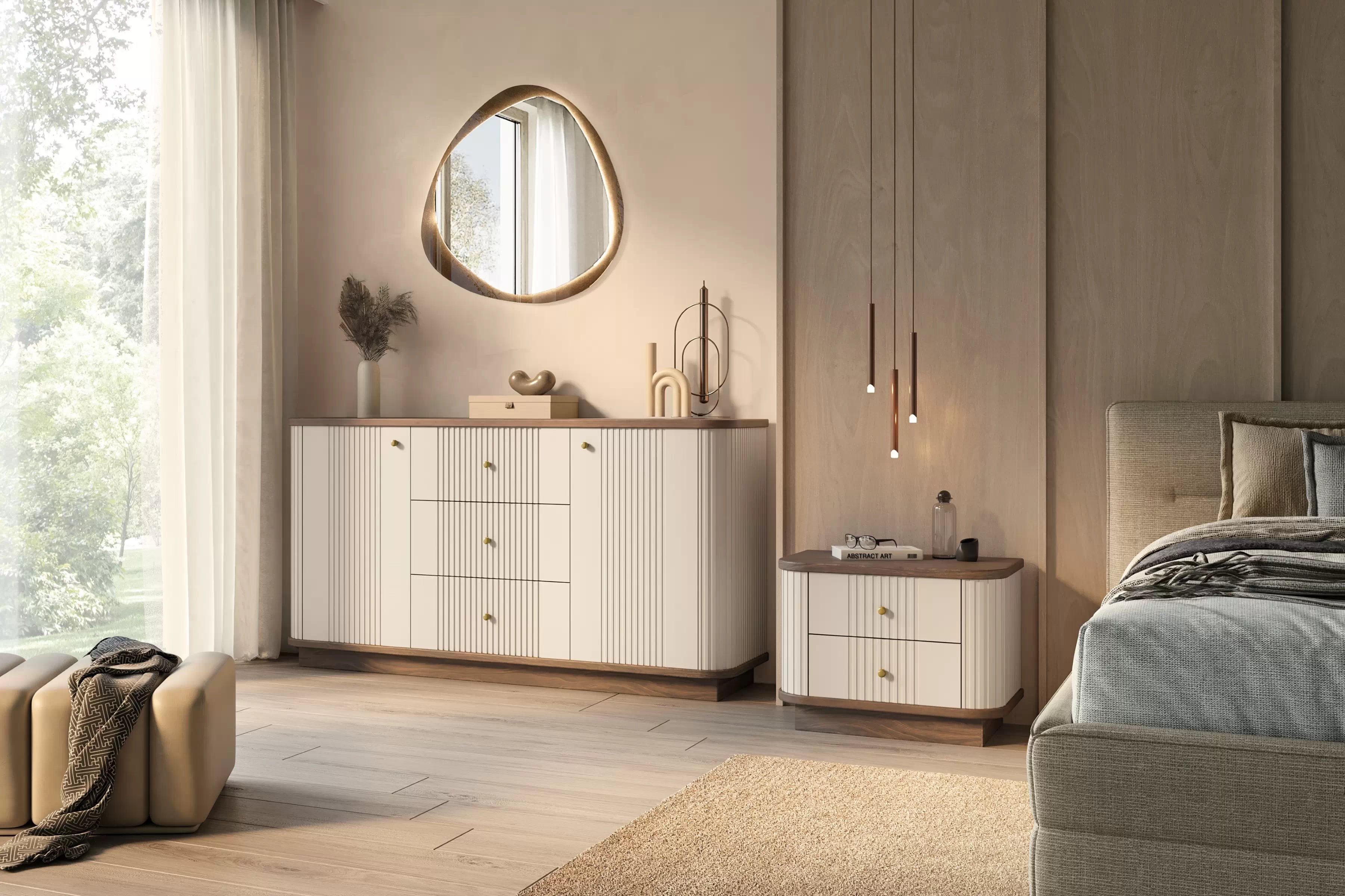 Sada nočných stolíkov Vespera 56 cm na sokli - kašmírová / orech / zlatá Komplet szafek nocnych Vesper 56 cm - kašmír / Orech / zlote úchyty