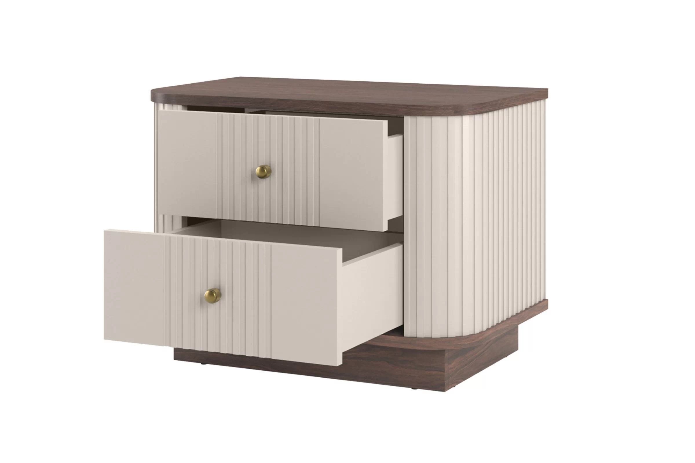 Sada nočných stolíkov Vespera 56 cm na sokli - kašmírová / orech / zlatá Komplet szafek nocnych Vesper 56 cm - kašmír / Orech / zlote úchyty