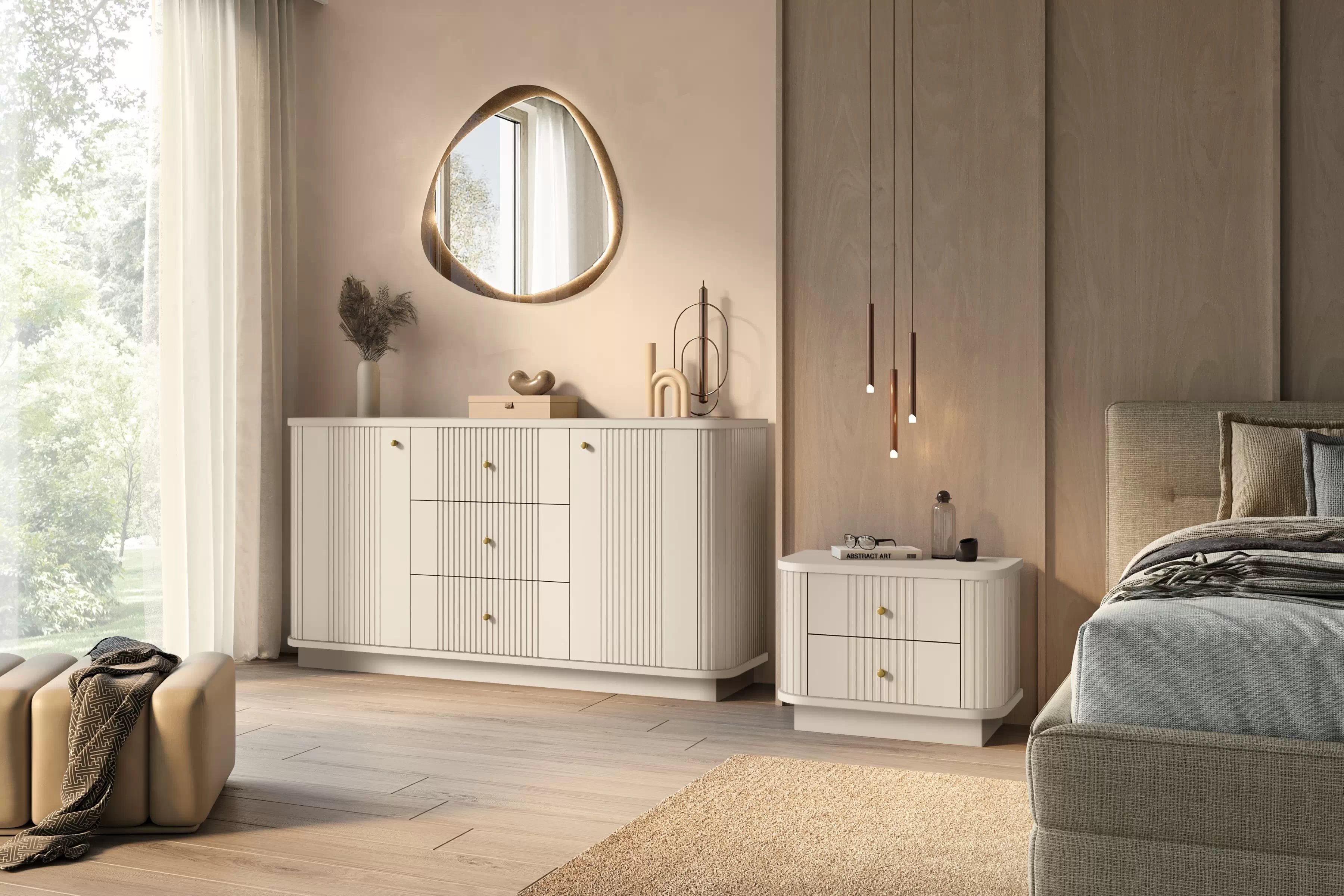 Sada nočných stolíkov Vespera 56 cm na sokli - kašmírová / zlatá Komplet szafek nocnych Vesper 56 cm - kašmír / zlote úchyty