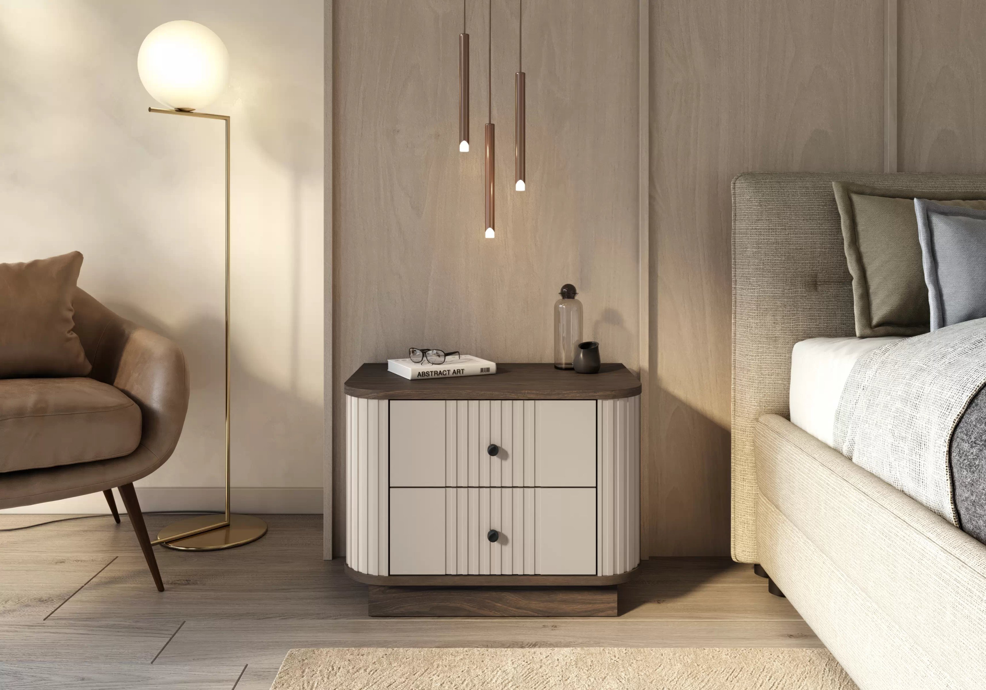 Sada nočných stolíkov Vespera 56 cm na sokli - kašmírová / orech / čierna Komplet szafek nocnych Vesper 56 cm na  cokole - kašmír / Orech / čierny úchyty