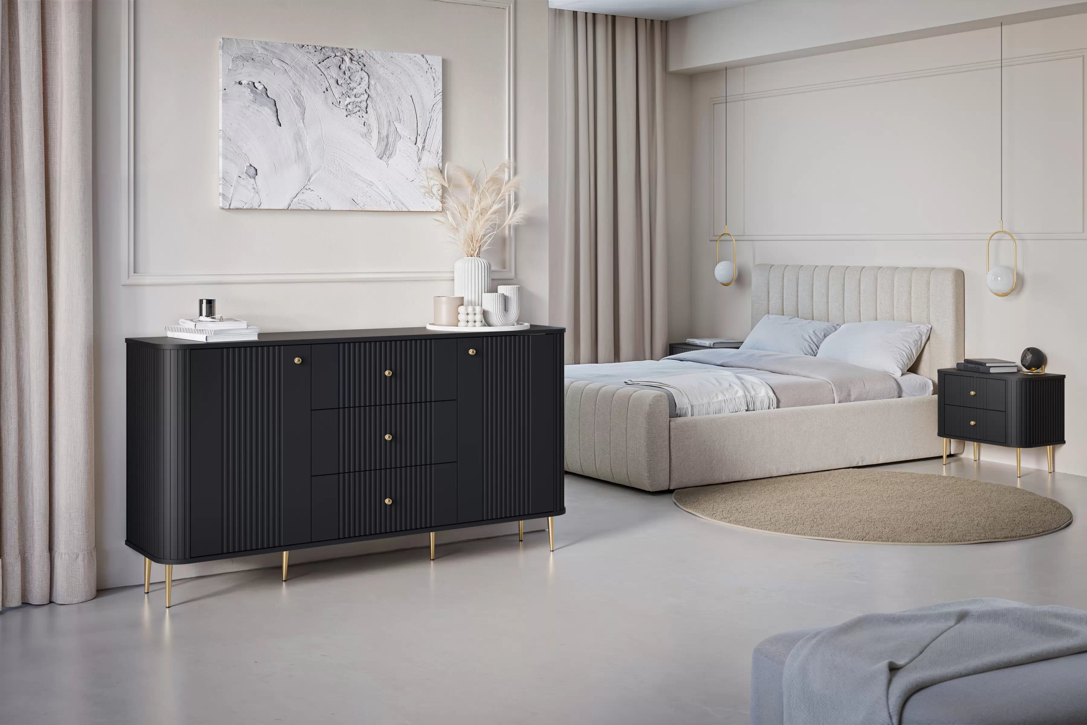 Nočné stolíky Vespera 56 cm - 2 ks - čierna / zlatá Komplet szafek nocnych Vespera 56 cm - Čierny / zlote nožičky