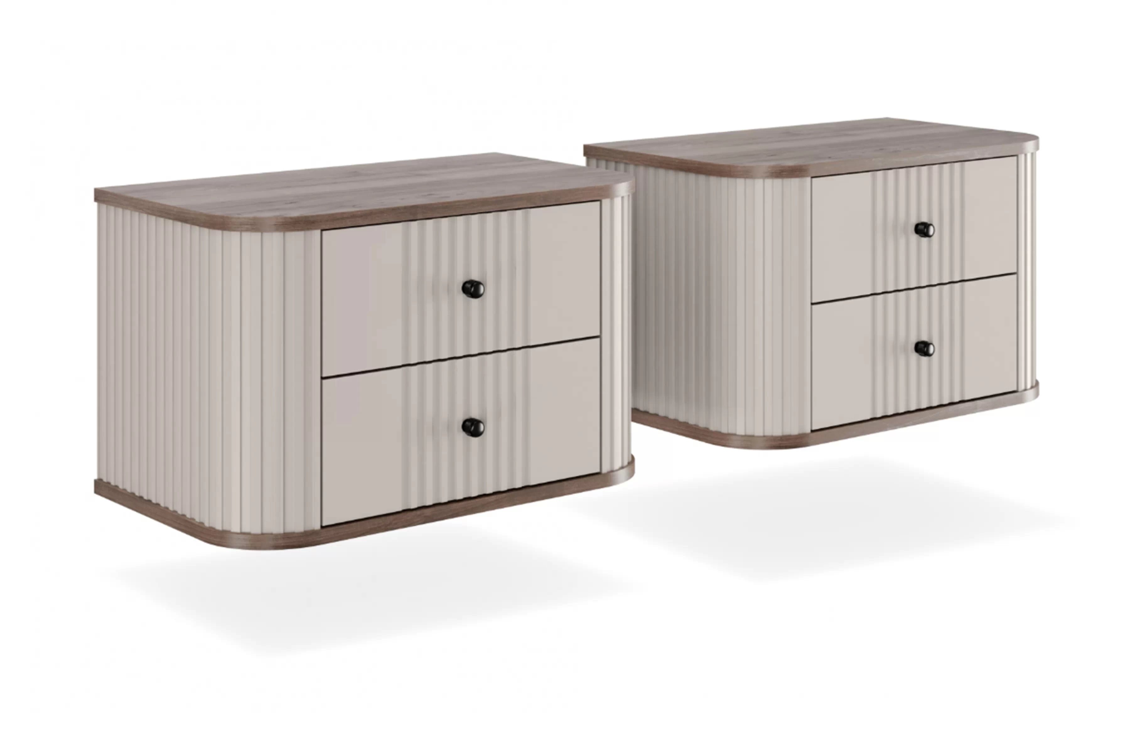 Nočné stolíky na stenu Vespera 56 cm - 2 ks - kašmírová / orech / čierna Komplet szafek nocnych wiszacych Vesper 56 cm - kašmír / Orech / čierny úchyty