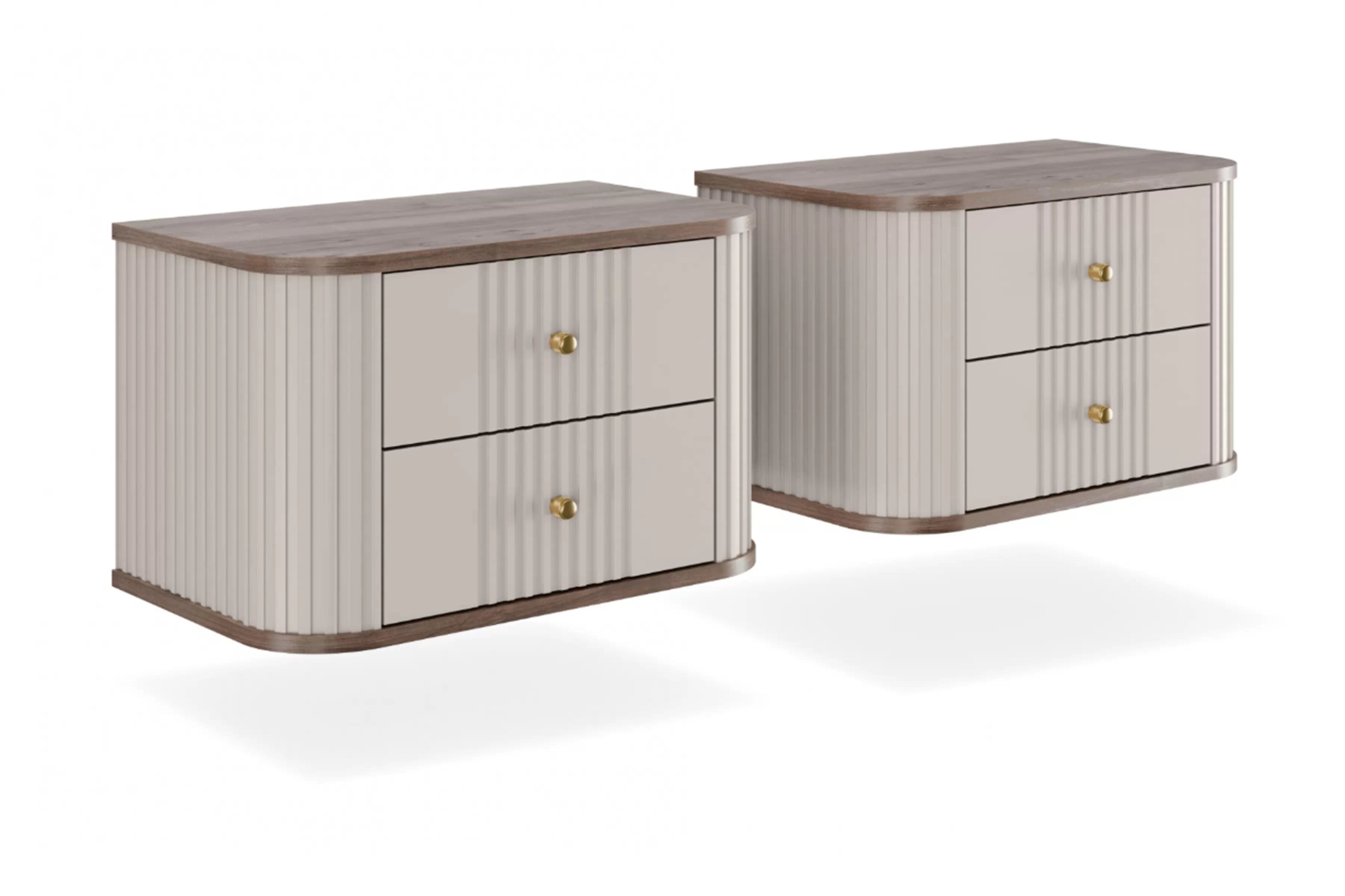 Nočné stolíky na stenu Vespera 56 cm - 2 ks - kašmírová / orech / zlatá Komplet szafek nocnych wiszacych Vesper 56 cm - kašmír / Orech / zlote úchyty