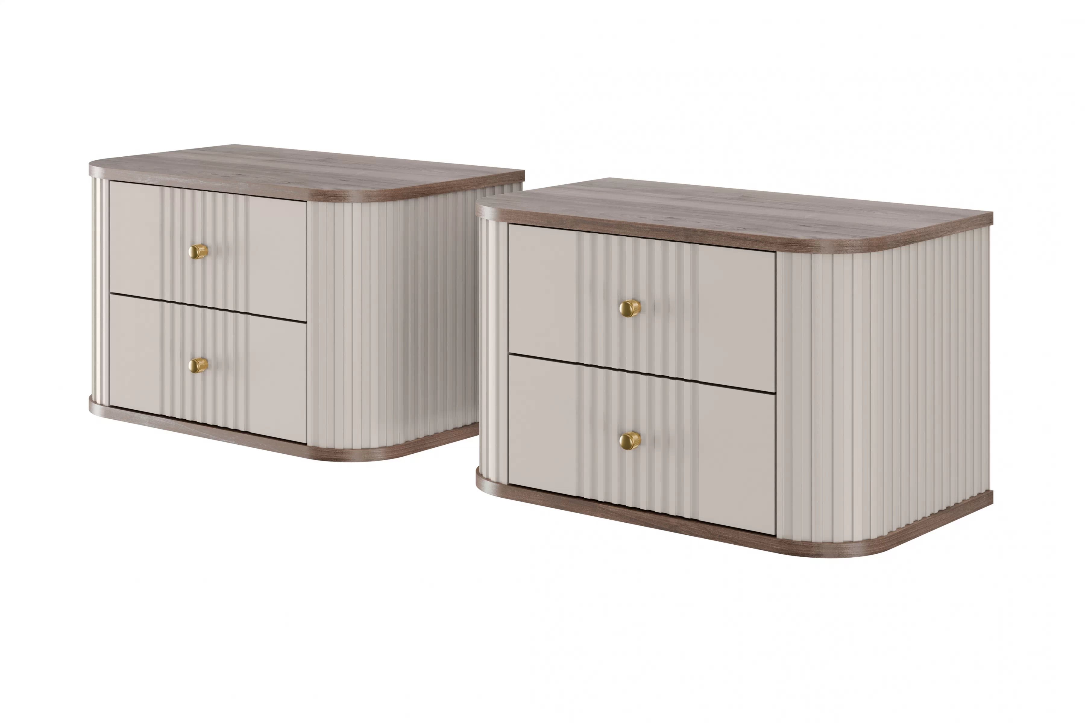 Set závěsných nočních stolků Vesper 56 cm - kašmírová / ořech / zlaté úchytky Komplet szafek nocnych wiszacych Vesper 56 cm - kašmír / ořech / zlote Úchytky