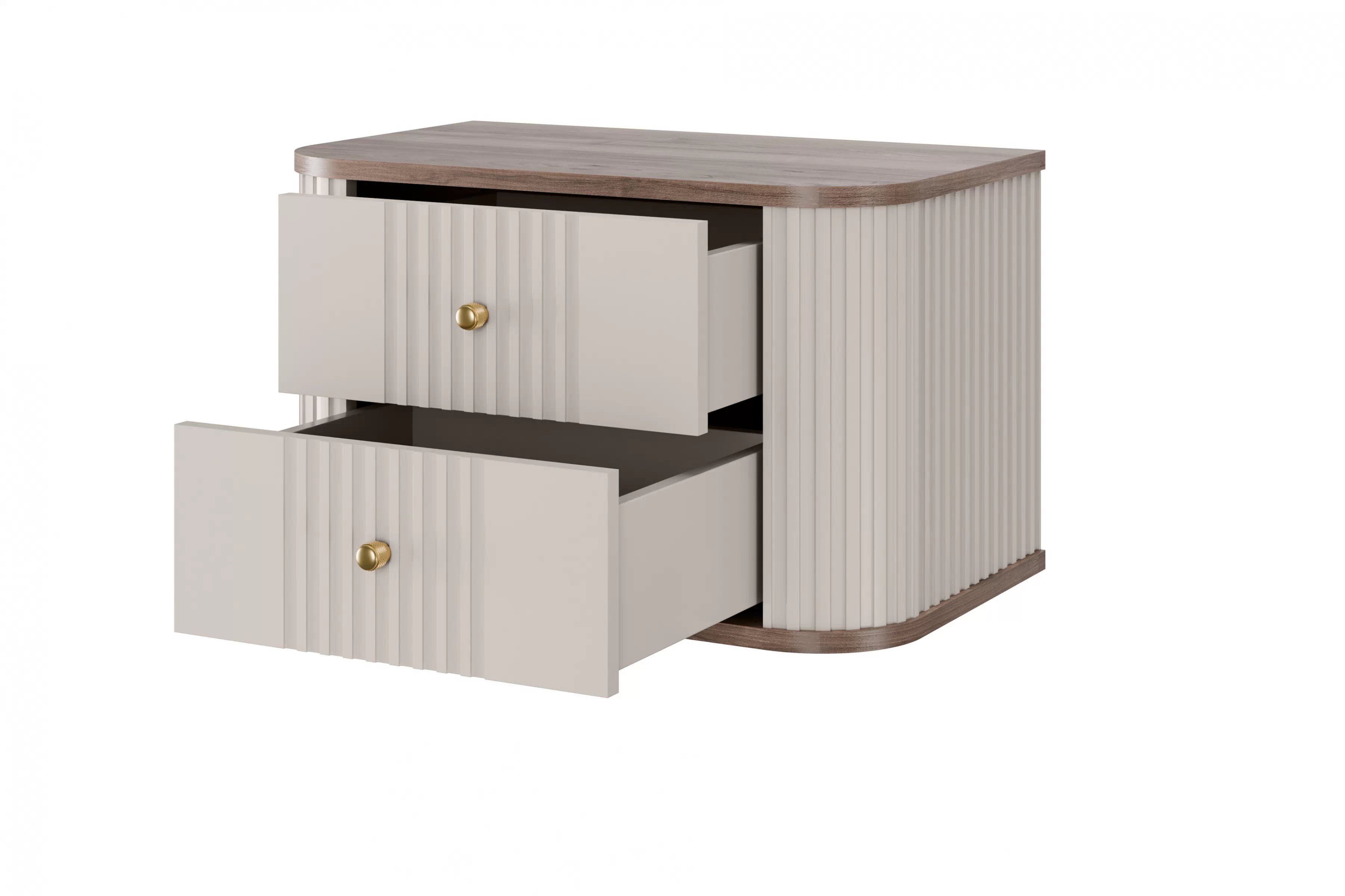 Set závěsných nočních stolků Vesper 56 cm - kašmírová / ořech / zlaté úchytky Komplet szafek nocnych wiszacych Vesper 56 cm - kašmír / ořech / zlote Úchytky