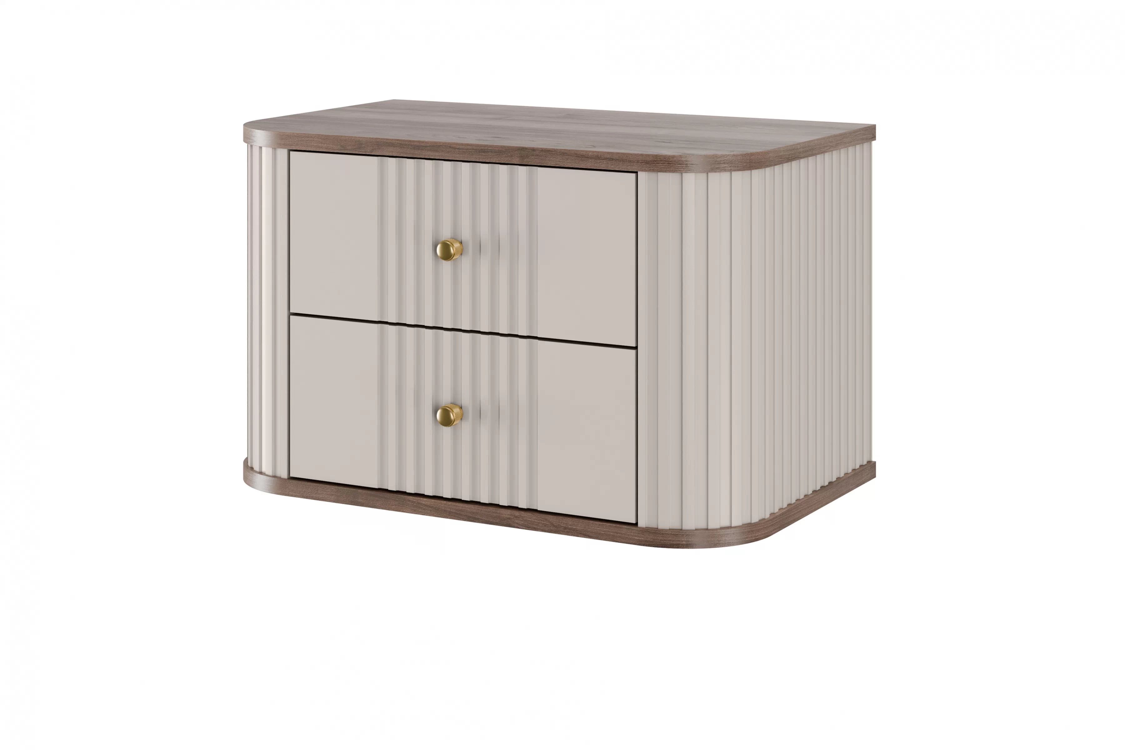 Set závěsných nočních stolků Vesper 56 cm - kašmírová / ořech / zlaté úchytky Komplet szafek nocnych wiszacych Vesper 56 cm - kašmír / ořech / zlote Úchytky