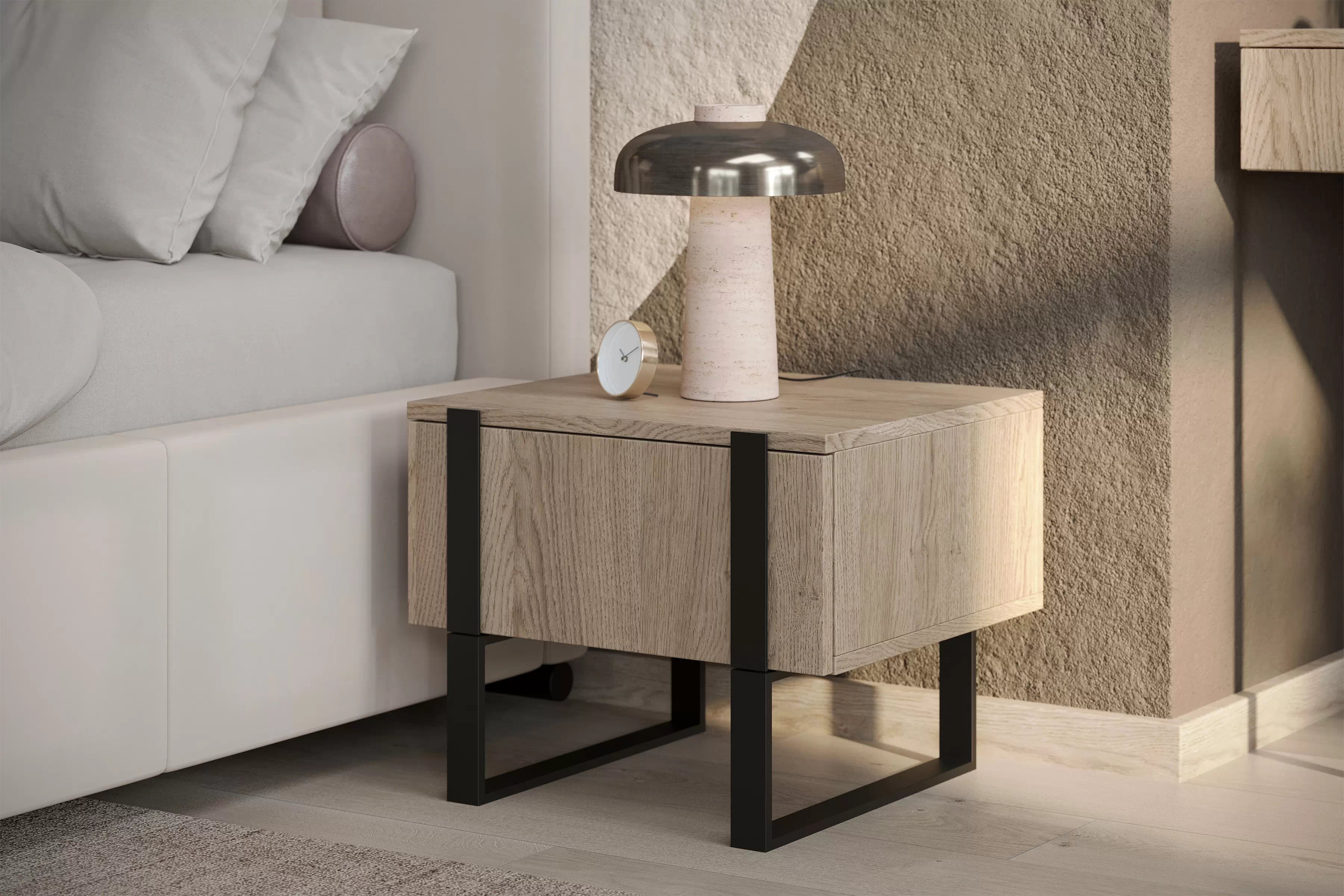 Sada 2 ks nočných stolíkov Verica so zásuvkami - dub biszkoptový / čierne nožičky Komplet Nočný Stolík Stolík Verica so zásuvkami na kovových nohách - Dub biszkoptowy / čierny nozki