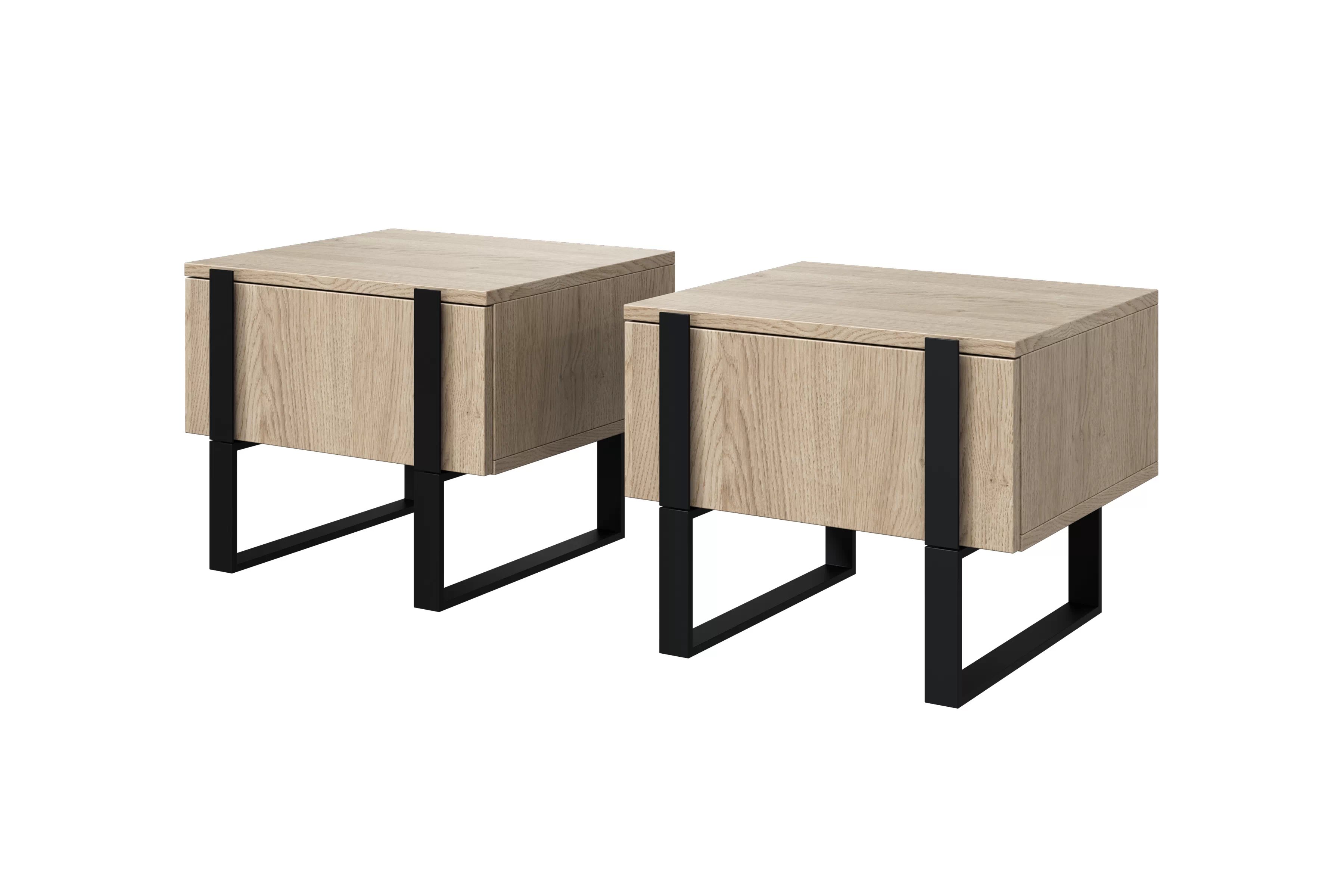 Sada 2 ks nočných stolíkov Verica so zásuvkami - dub biszkoptový / čierne nožičky Zestaw szafka nocna stolik Verica z szufladami na metalowych nogach - dąb biszkoptowy / czarne nóżki