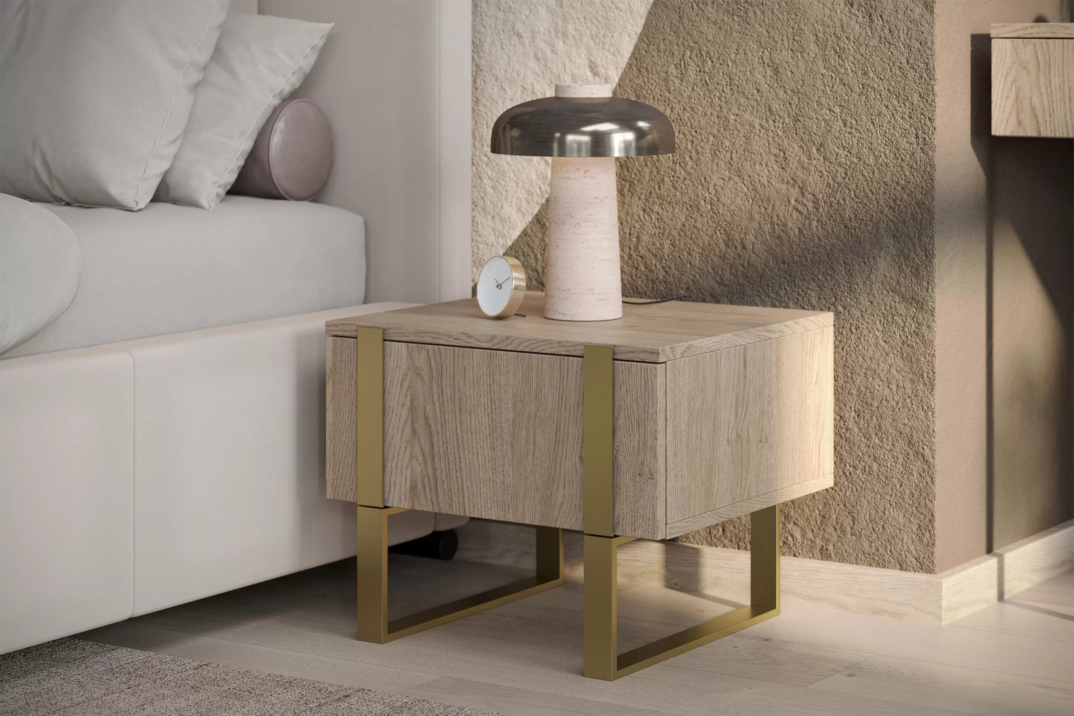Komplet Nočný Stolík Stolík Verica so zásuvkami na kovových nohách - Dub biszkoptowy / zlote nozki Komplet Nočný Stolík Stolík Verica so zásuvkami na kovových nohách - Dub biszkoptowy / zlote nozki