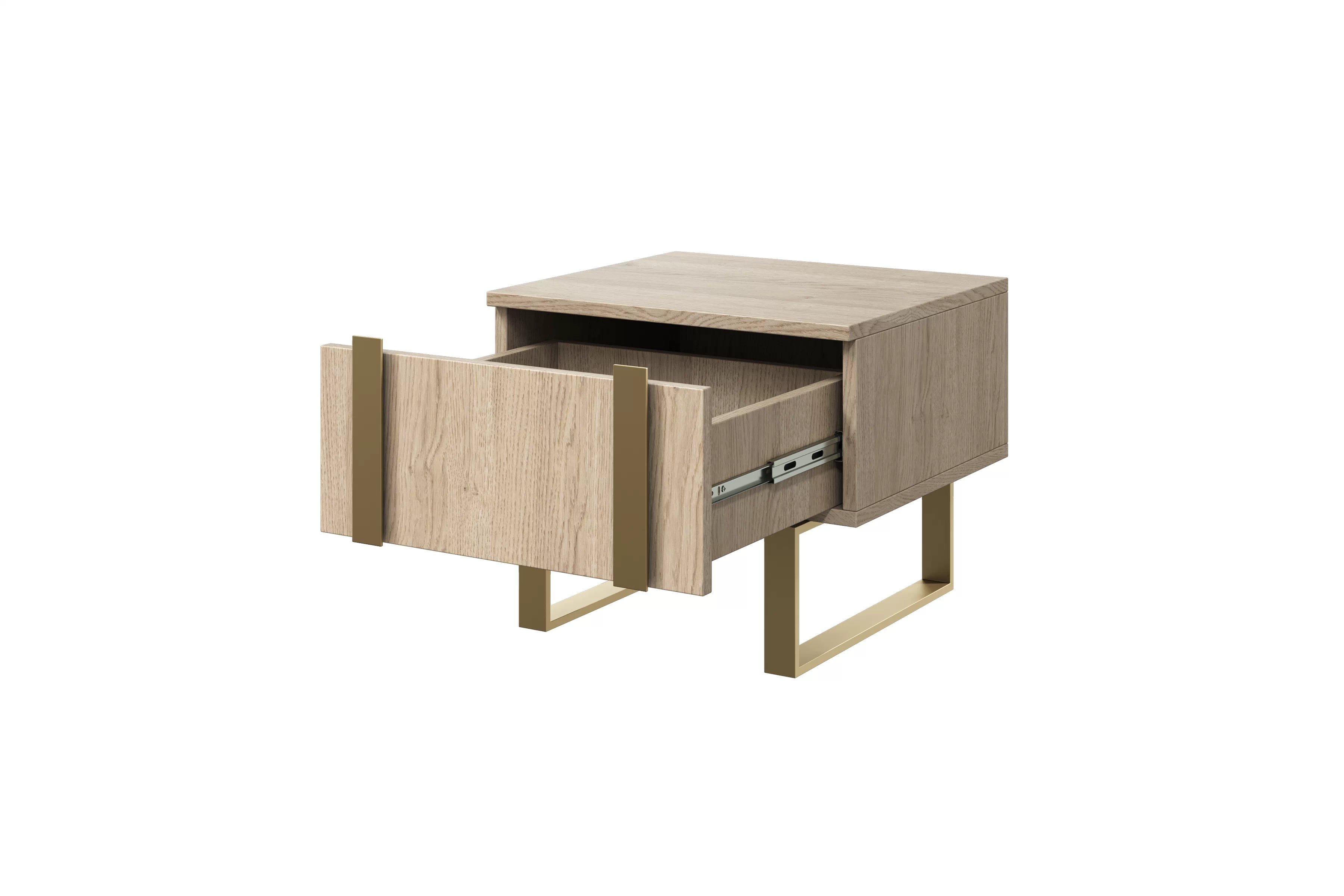 Komplet Nočný Stolík Stolík Verica so zásuvkami na kovových nohách - Dub biszkoptowy / zlote nozki Komplet Nočný Stolík Stolík Verica so zásuvkami na kovových nohách - Dub biszkoptowy / zlote nozki