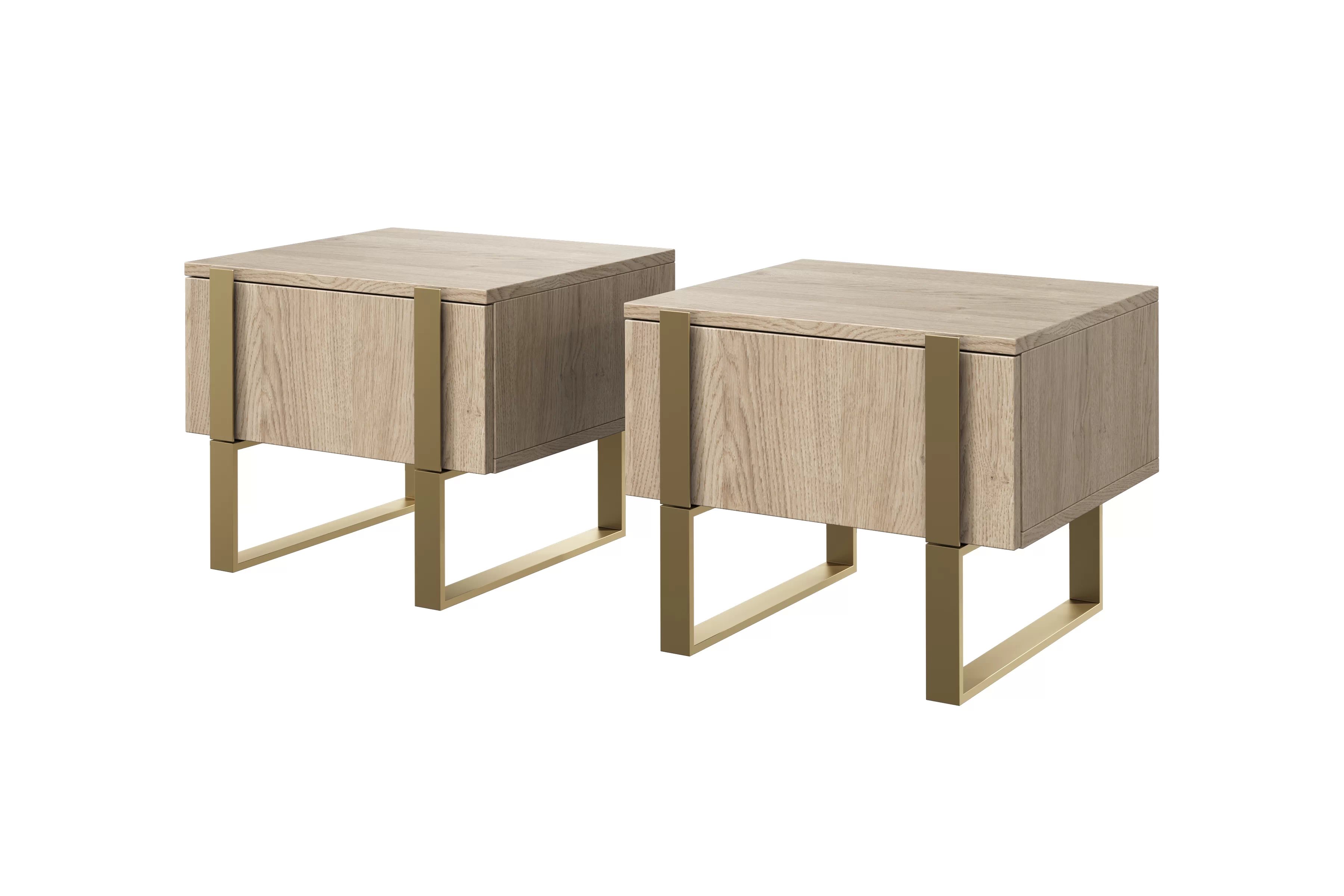 Komplet Nočný Stolík Stolík Verica so zásuvkami na kovových nohách - Dub biszkoptowy / zlote nozki Komplet Nočný Stolík Stolík Verica so zásuvkami na kovových nohách - Dub biszkoptowy / zlote nozki