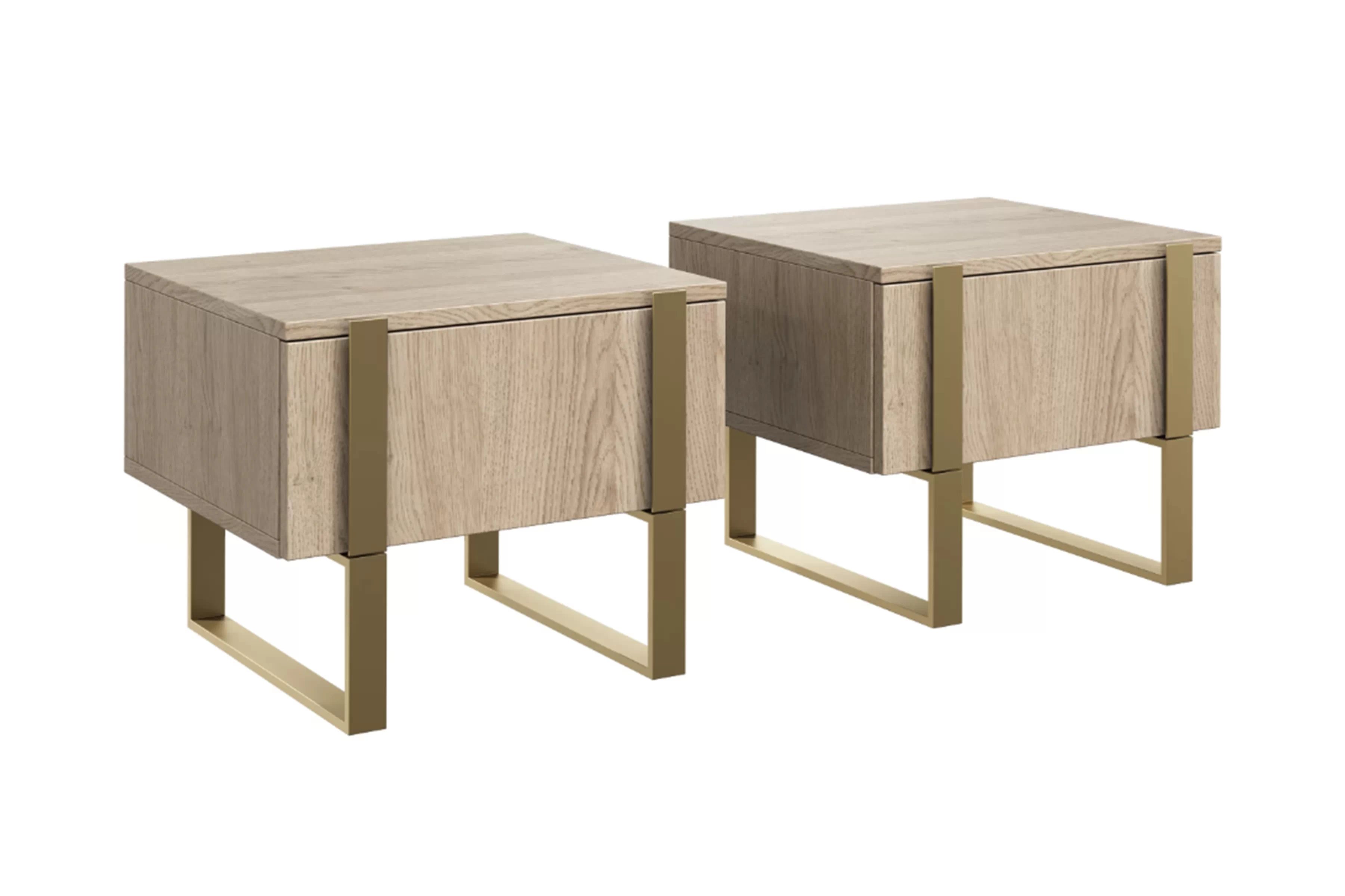Komplet Nočný Stolík Stolík Verica so zásuvkami na kovových nohách - Dub biszkoptowy / zlote nozki Komplet Nočný Stolík Stolík Verica so zásuvkami na kovových nohách - Dub biszkoptowy / zlote nozki