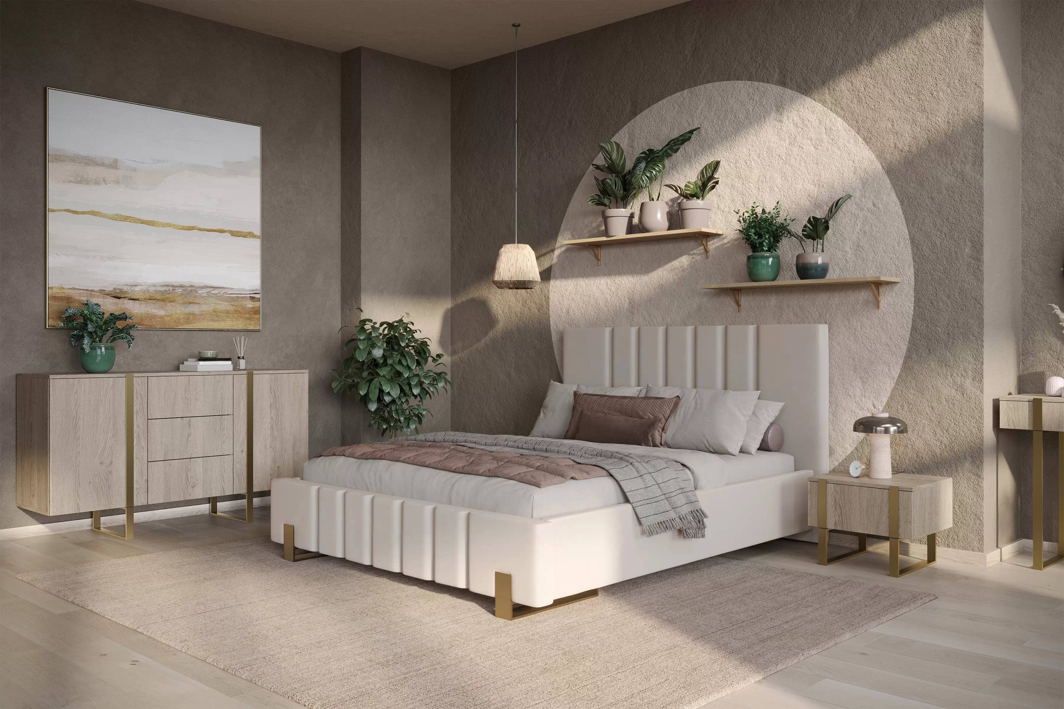 Komplet Nočný Stolík Stolík Verica so zásuvkami na kovových nohách - Dub biszkoptowy / zlote nozki Komplet Nočný Stolík Stolík Verica so zásuvkami na kovových nohách - Dub biszkoptowy / zlote nozki