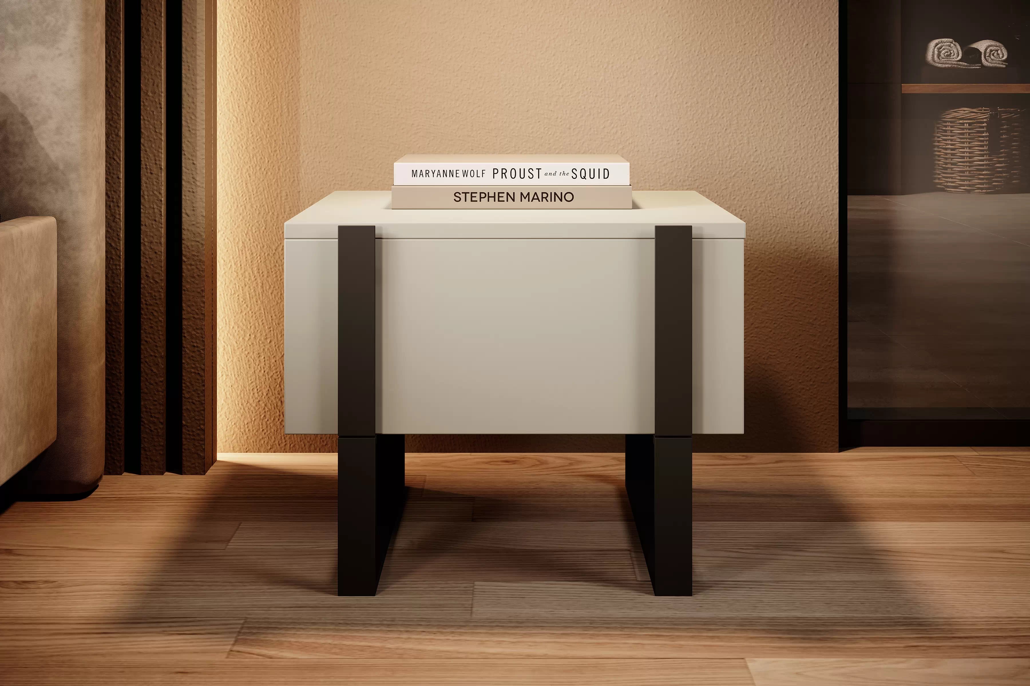 Sada nočních stolků Verica 2 ks - kašmír / černé nožky Komplet Noční stolek stolek Verica se zásuvkami na kovových nohách - kašmír / černá nozki