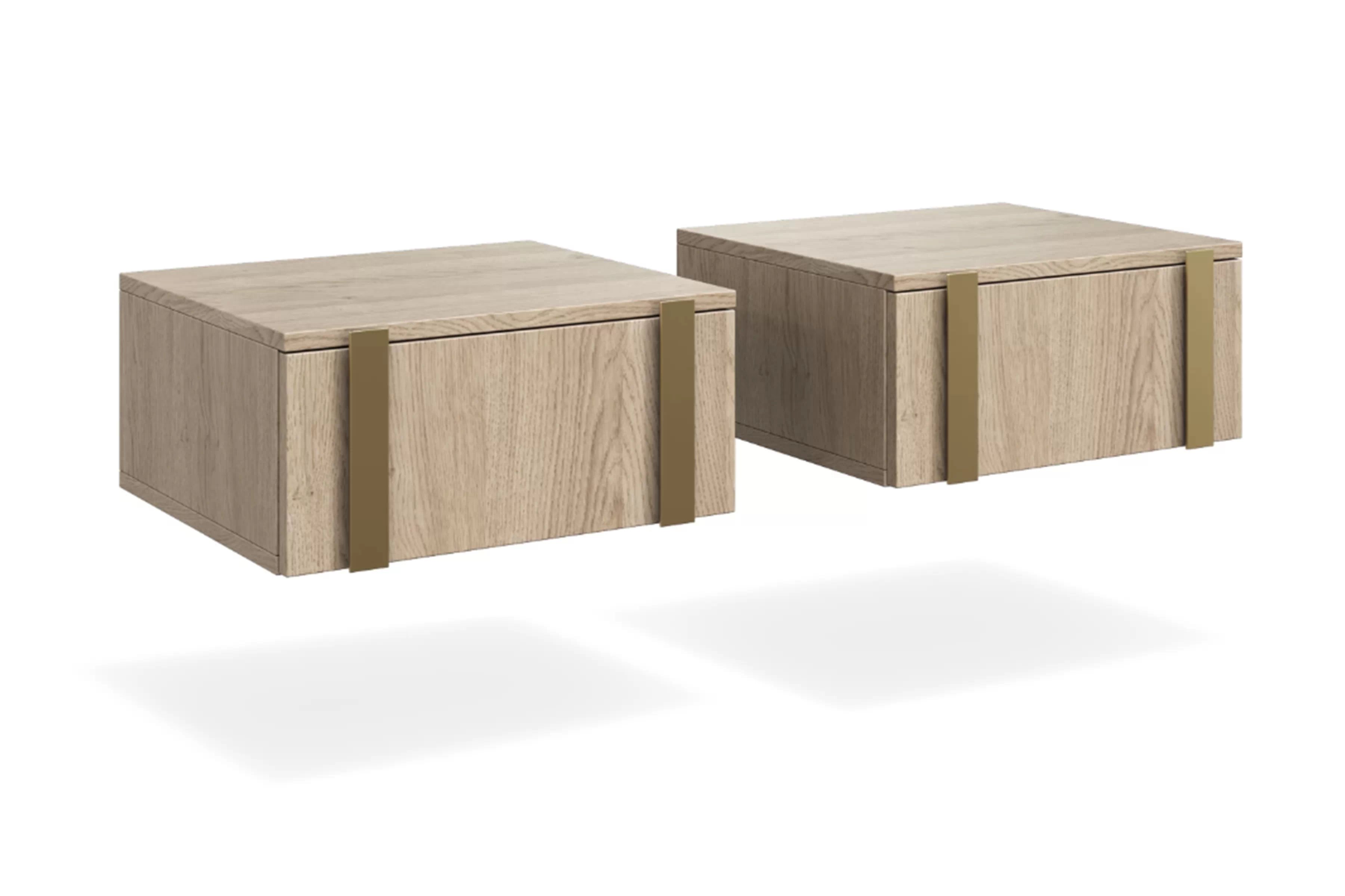 Sada 2 ks závesných nočných stolíkov Verica - dub biszkoptový / zlaté úchyty Komplet Nočný Stolík závesná Verica 2 ks. - Dub biszkoptowy / zlote úchyty