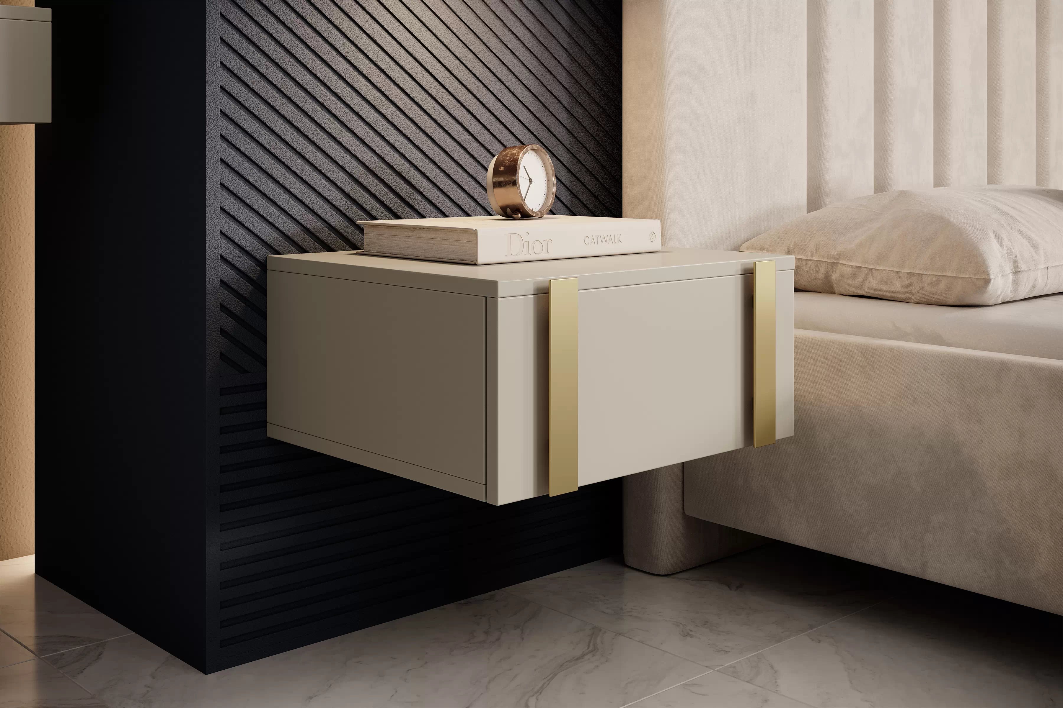 Sada závěsných nočních stolků Verica - 2 ks - kašmír / zlaté úchytky Komplet Noční stolek závěsná Verica 2 ks - kašmír / zlaté Úchytky